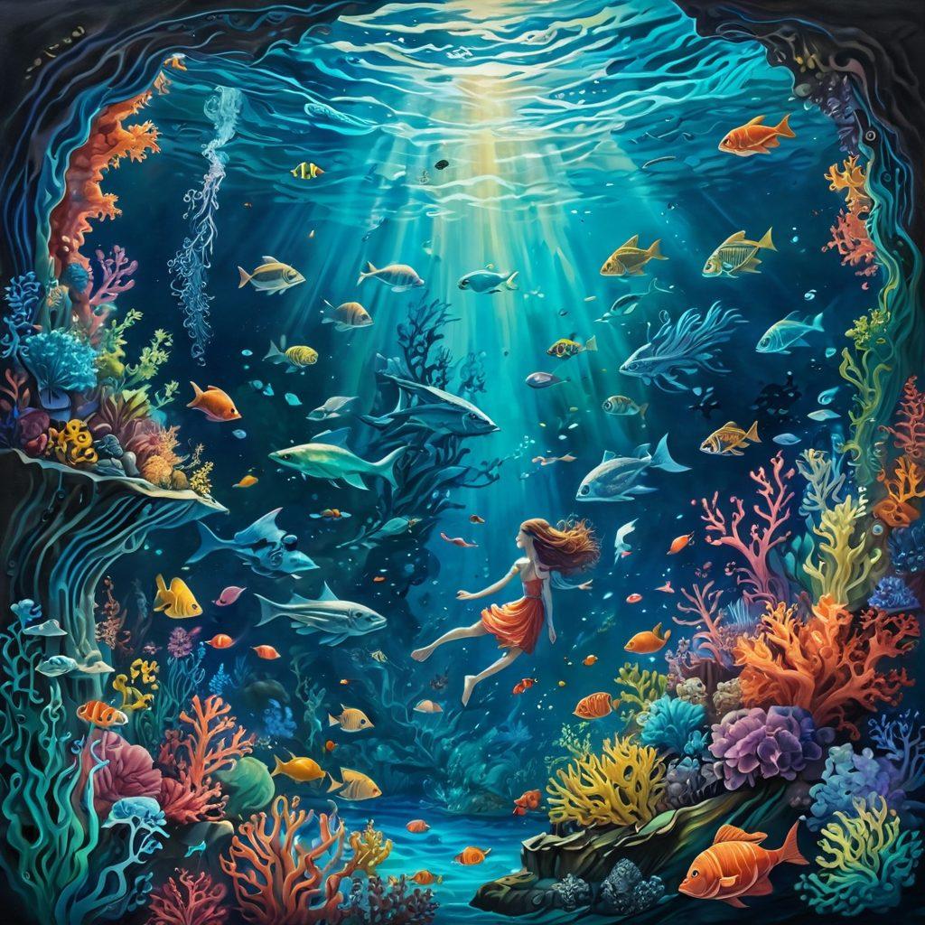 A surreal underwater scene depicting a diverse range of fantastical characters, each representing different personality traits and emotions, surrounded by swirling plots represented as colorful sea currents. Include elements like ancient scrolls or books submerged in coral reefs, symbolizing storytelling, and ethereal light illuminating the depths. The atmosphere should evoke intrigue and creativity. vibrant colors. painting.