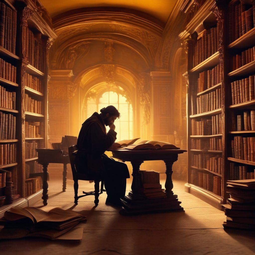 A mystical library filled with ancient tomes and scrolls, featuring a silhouette of a writer deep in thought. Intricate details of epic landscapes and characters from fantasy tales swirl around, symbolizing the art of storytelling. Warm golden lighting illuminates the scene, creating an inviting atmosphere for exploration. Super-realistic. Vibrant colors. Soft focus.