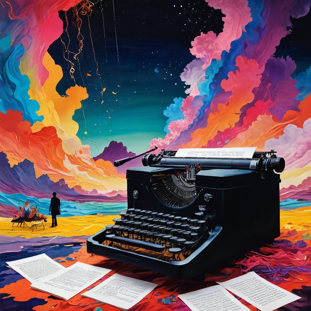 A surreal landscape featuring a typewriter with pages erupting into colorful, dream-like illustrations representing various narratives. In the background, a shadowy figure of Erikson is seen weaving stories with golden threads that connect different scenes, symbolizing his impact on storytelling. The colors should be vivid and imaginative, with swirling abstract elements to represent the fluidity of narrative. vibrant colors. surreal art.